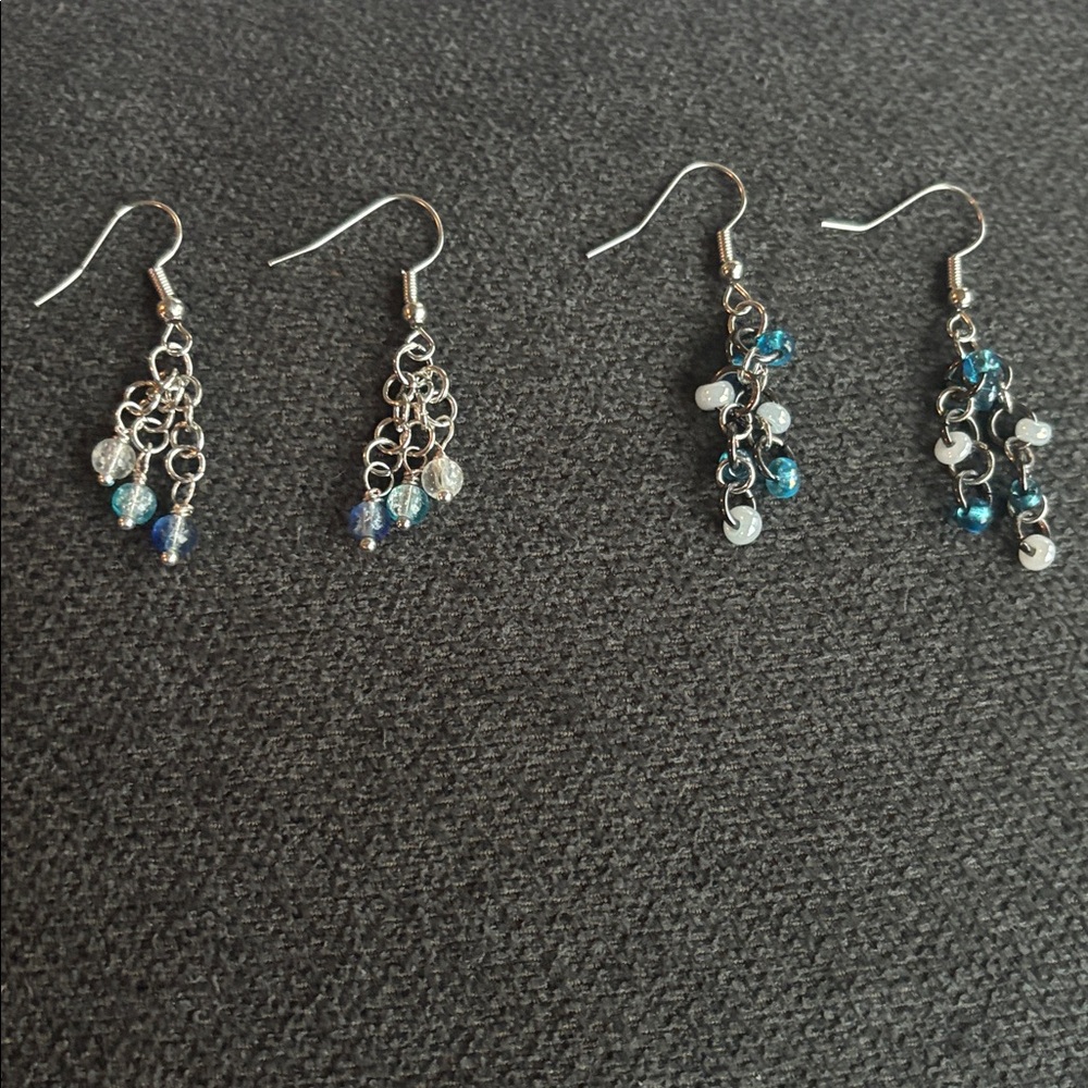 Silver and Blue Beaded Dangle Earrings- hand crafted - Picture 7 of 12